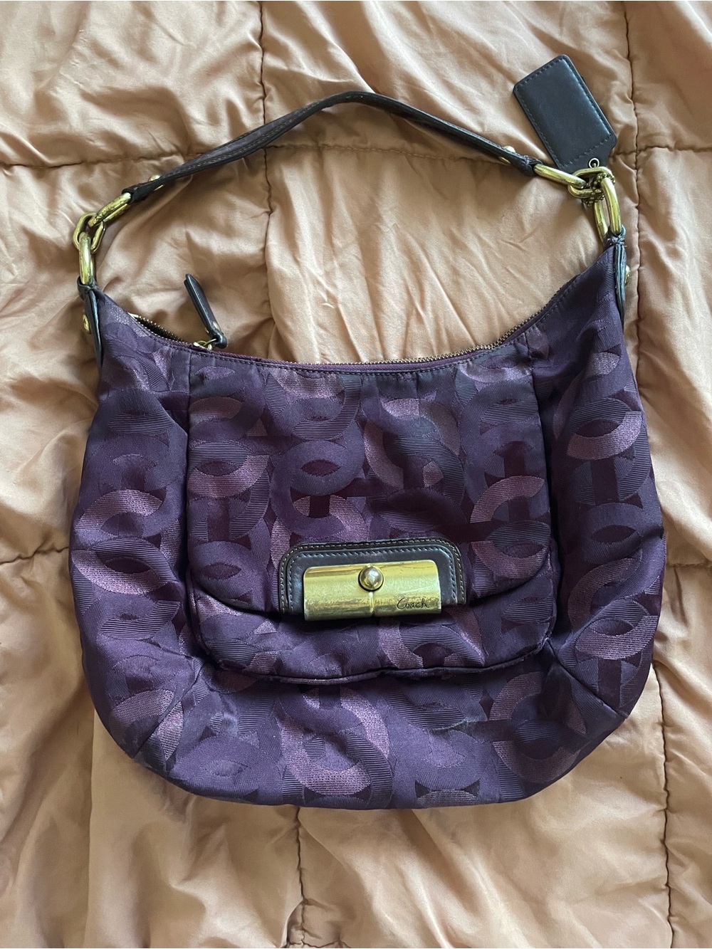 Coach Purple Signature Jacquard Shoulder Hobo with Brass Accent